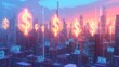 © Ibnu - A futuristic cityscape overlaid with glowing dollar signs and floating money, symbolizing financial transactions in a vibrant digital metropolis.