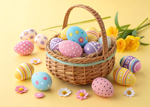 Happy Easter Day Decoration Colorful Eggs in a Nest on a Paper Background