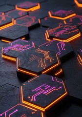 Poster - Abstract Hexagonal Circuitry Neon Glow Dark Background Futuristic Technology Digital Art