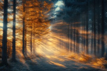 Aufkleber - Mysterious fog envelops a forest path during early morning light, creating an ethereal atmosphere as trees loom in the background