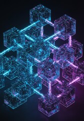 Poster - Neon Cubes Interconnected Network Abstract Digital Art Futuristic Technology