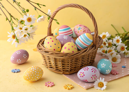 Happy Easter Day Decoration Colorful Eggs in a Nest on a Paper Background