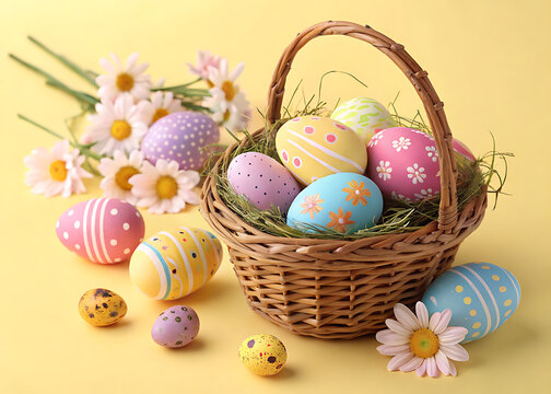 Happy Easter Day Decoration Colorful Eggs in a Nest on a Paper Background