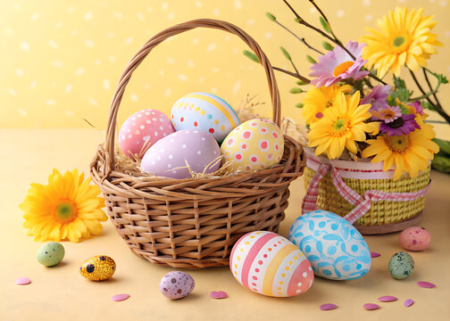 Happy Easter Day Decoration Colorful Eggs in a Nest on a Paper Background