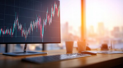 Poster - Double Exposure of Stock Market Graph with Workspace Background
