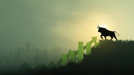 Poster - Bull Icon Over Rising Chart and Skyline in Green Hue