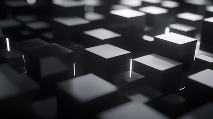 Poster - Abstract close-up of geometric black cubes with soft shadows, creating a modern and minimalistic pattern of shapes and textures