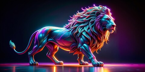 Poster - Majestic Neon Lion Sculpture in Dynamic Pose, Rule of Thirds Composition