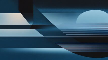 Fototapete - Abstract digital artwork featuring bold geometric shapes, varying shades of blue and black, and a serene sun setting on the horizon, conveying tranquility and modernity