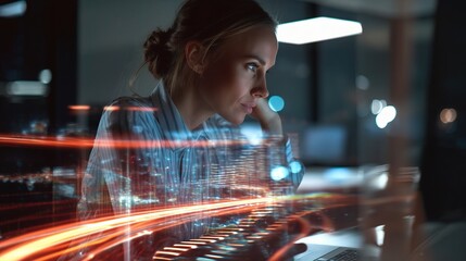 Poster - Woman Reviewing Startup Data in Virtual Holographic Environment