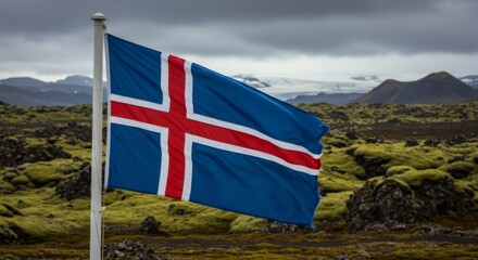 icelandic flag against the background of nature