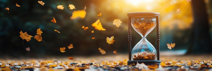 Aufkleber - Hourglass filled with falling leaves symbolizes the passage of time in natures embrace during autumn