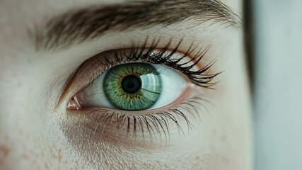 Poster - Close up of a woman's captivating green eye, revealing intricate details of the iris, pupil, and eyelashes, highlighting the beauty and complexity of human vision