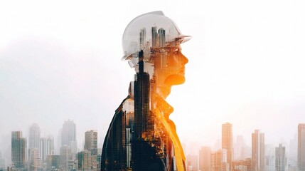 Poster - Double Exposure Portrait of Engineer with Cityscape Background