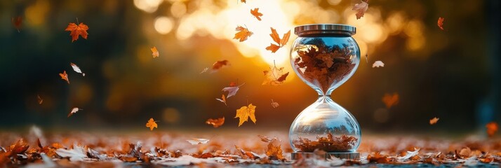 Aufkleber - Hourglass filled with colorful leaves symbolizes the passage of natural time in a serene autumn landscape during sunset