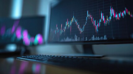 Poster - stock market graph on desk with monitors displaying data trends
