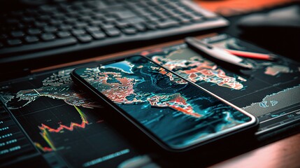 Poster - Digital Forex Map Projection on Desk with Smartphone and Pen