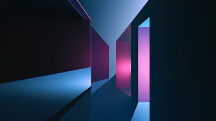 Fototapete - An abstract landscape featuring a corridor of reflective surfaces with vibrant blue, pink, and purple hues creating a futuristic atmosphere