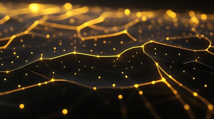 Fototapete - Abstract representation of interconnected golden lines and dots on a dark background, creating a sense of depth and network connectivity