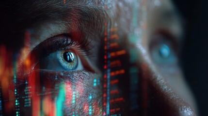 Poster - Double Exposure of Woman's Eyes Focused on Screen with Data Visuals