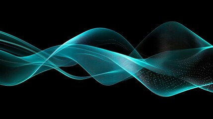 Fototapete - Abstract wavy lines in vibrant shades of teal and black creating a sense of motion and depth against a dark backdrop highlight the theme of technology and innovation