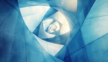 Leinwandbilder - Intricate spiral architecture showcases geometric artistry in light blue hues at a modern indoor space
