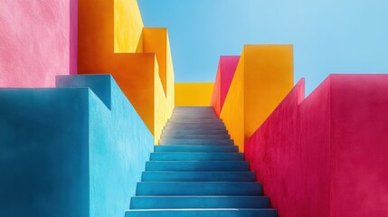 Fototapete - Brightly colored staircase leads upward in a vibrant architectural setting under a clear blue sky during daytime
