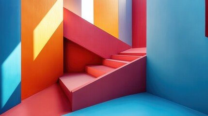 Fototapete - Brightly colored staircase leads upward in a vibrant architectural setting under a clear blue sky during daytime