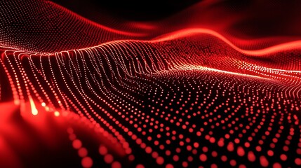 Fototapete - Abstract digital wavy pattern with glowing red dots against a dark background, conveying a sense of depth and movement in a modern and vibrant environment