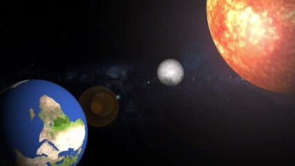 Earth and Moon on the background of a beautiful nebula, 3D animation depicting planets and a bright sun in the vastness of space Continents, and Clouds - Global Astronomy View