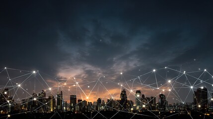 Poster - Night City with Business Silhouettes and Glowing Horizon View
