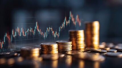 Poster - Double Exposure of Coins with Financial Graph Background