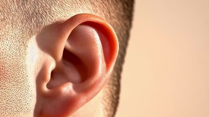 Poster - Close up of a male ear slightly moving, isolated on a light brown background, ideal for medical or educational projects related to hearing and auditory health