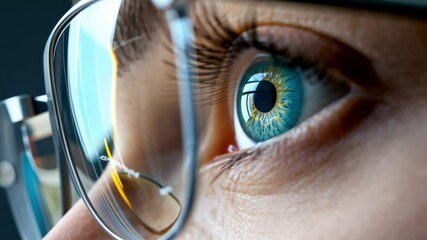 Poster - Close up of a woman's eye wearing futuristic glasses displaying medical data, suggesting an innovative approach to eye exams and vision correction