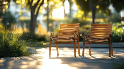Aufkleber - Cozy indoor seating area with two woven chairs beside large windows adorned with greenery during the early morning light