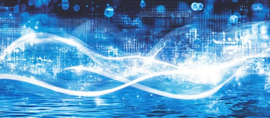 Poster - Abstract digital water surface with glowing waves and interconnected data points