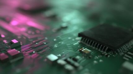 Fototapete - Glowing microchips illuminate with vibrant colors as digital data streams flow across their surfaces, creating a futuristic atmosphere with shallow depth of field