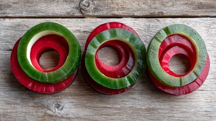 Aufkleber - Sliced green and red apples are artfully arranged in a circular pattern on a rustic wooden surface, glistening with dew, highlighting their fresh appeal