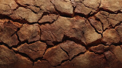 Poster - Artisanal bread crust is displayed from a top-down perspective, showcasing deep cracks and rich textures illuminated by natural lighting