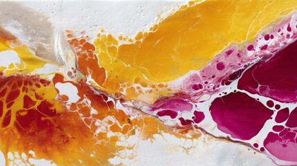 Leinwandbilder - A vibrant blend of tangerine and fuchsia hues forms organic cellular patterns through fluid acrylic pour techniques on a textured canvas background