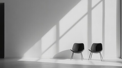 Aufkleber - Two modern chairs positioned against a stark white wall with dramatic shadows cast by bright sunlight streaming through large windows