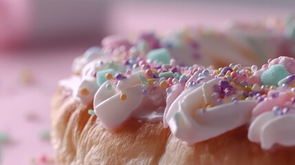 Poster - Delight in a fluffy spring pastry adorned with vibrant sprinkles and delicate pastel icing, perfectly placed on a soft pink background for festive celebrations