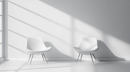 Aufkleber - Two modern chairs positioned against a stark white wall with dramatic shadows cast by bright sunlight streaming through large windows