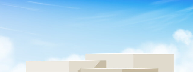 Poster - Sky Blue,Cloud Background,Brown Podium Platform Step with Shadow,Minimal 3d Display for Summer Banner Design of Cosmetic Product Present,Vector Scene Nature Landscape of Spring Sky and Building wall