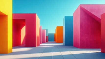 Poster - Colorful geometric structures create a vibrant urban landscape under a clear blue sky during midday sunshine