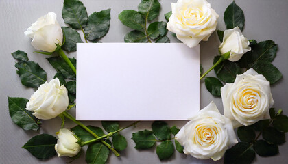 Poster - White roses and green leaves lying around a white card. Fresh flowers arranged on a gray surface. Blank paper for text or design. Floral decoration.