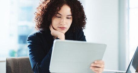 Poster - Thinking, tablet and reading with business woman in office for problem solving, financial advisor and client solution. Online report, reflection and accounting audit with person for investor decision