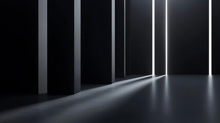 Poster - A dimly lit interior featuring tall, dark columns casting shadows on a smooth floor with bright light streaming in through narrow gaps, creating a dramatic and modern atmosphere