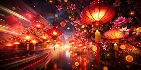Poster - Long Exposure Red Gold Chinese New Year Lanterns Flowers Festive Celebration