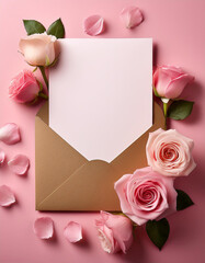 Poster - Pink roses surround open envelope. White paper blank card. Soft pink background. Rose petals scattered. Golden envelope. Floral design for a message.